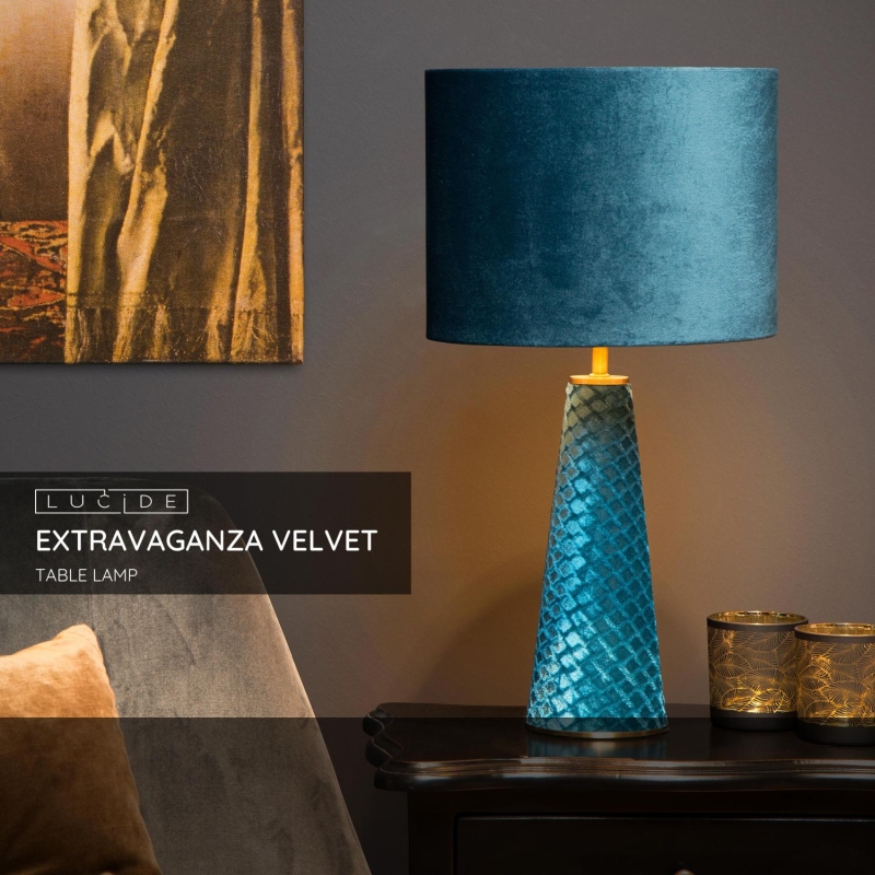Lucide EXTRAVAGANZA VELVET - Stolová lampa - Ø 25 cm - 1xE27 - Tyrkysová